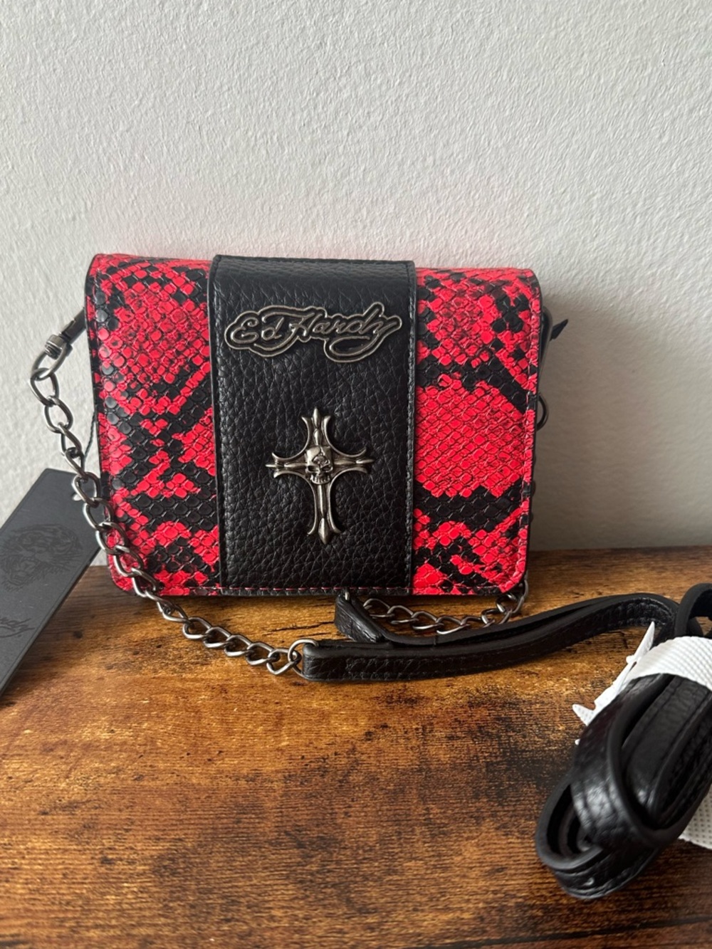 Ed Hardy Red Snakeskin Embossed Mini Crossbody Bag with Metal Logo & Cross NWT